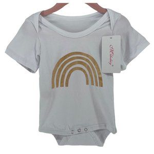 NWT Milediiy Baby Girl's White & Gold Shimmery Rainbow Print Onesie